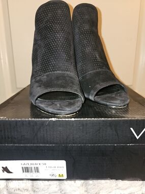 Via Spiga Black Perforated Suede Peep-Toe Mules